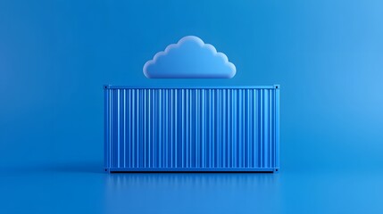Blue shipping container with cloud icon above, representing cloud computing and data storage concept on a blue background.