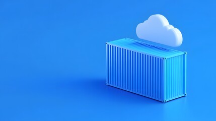 Blue shipping container with cloud icon, illustrating cloud computing and data storage on vibrant blue background.