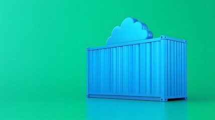 Blue shipping container with cloud icon on green background representing cloud storage or data containerization concept.