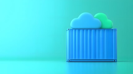Blue shipping container with cloud shapes, symbolizing cloud computing and technology on a vibrant turquoise background.