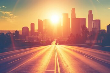 Obraz premium Empty highway leading to city at sunrise with bright light and clear sky