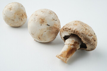 Champignon mushrooms isolated on white background, commonly known as white button or simply button mushrooms.