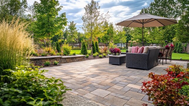 Patio area with stone brick block paving, showing the elegance and versatility of the paver floor.
