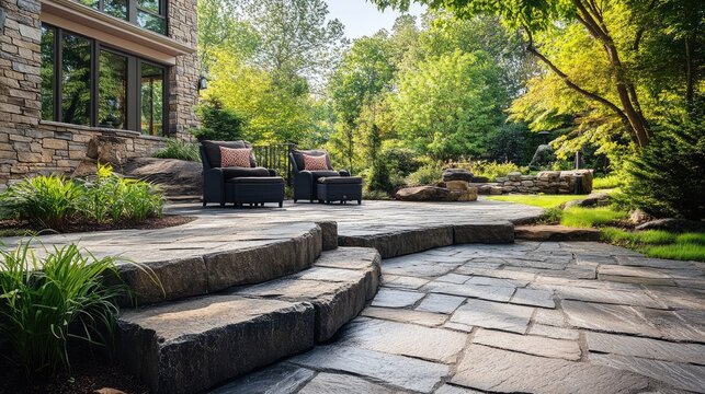 Paved patio with stone brick blocks, showcasing the decorative and durable aspects of the paving.