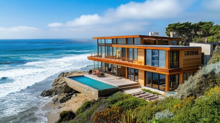 Obraz premium A beautiful beach house situated right at the ocean's edge, with waves crashing nearby