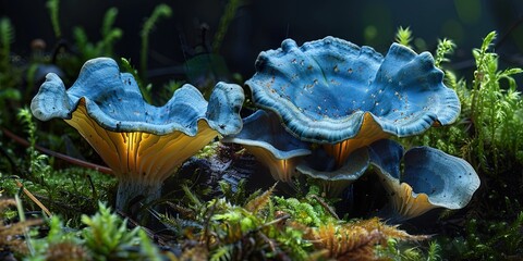 blue chanterelles mushrooms with green moss