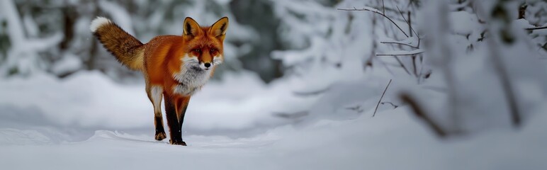 Obraz premium A fox makes its way through a snowy forest, its red fur contrasting with the white background