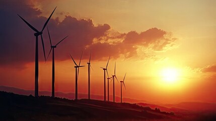 Fototapeta premium Renewable energy wind turbines under a sunset sky, emphasizing clean power and sustainability. -