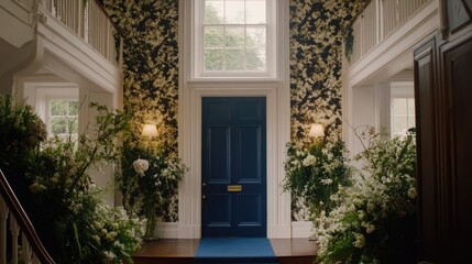 A bright entryway features a navy door, floral arrangements, and a staircase, creating an inviting atmosphere in a cozy home