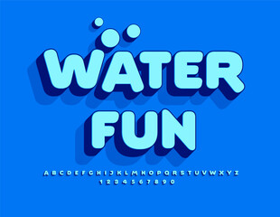 Vector funny flyer Water Fun. Bright Blue Font. Artistic 3D Alphabet Letters and Numbers set.