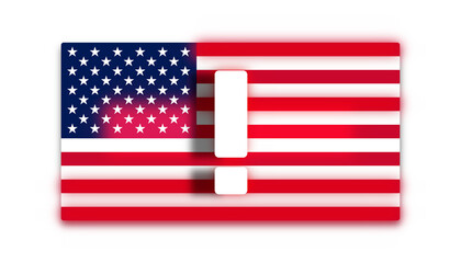 flag of the United States of America, USA, America, exclamation mark with red blurred light as warning sign or stop or attention and crisis and problems, 