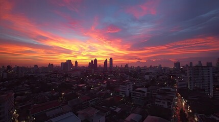 Fototapeta premium Rooftop view of Bangkok Lumpini area at sunset, with a panoramic cityscape and colorful sky.