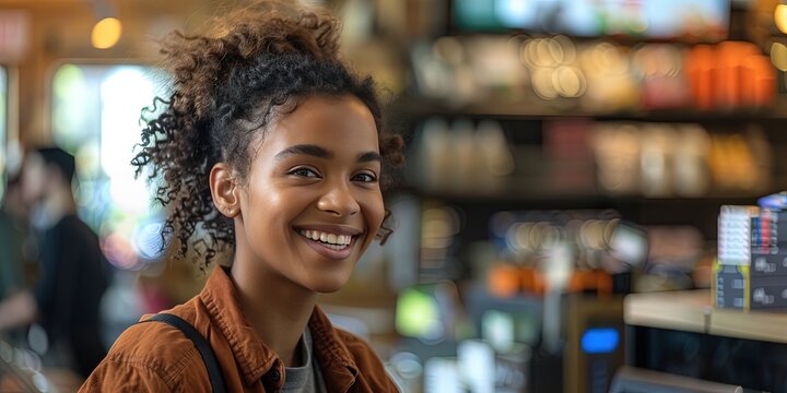 friendly cashier at work in the grocery store