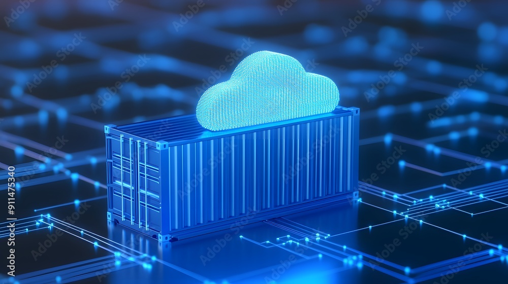 Poster cloud computing and data storage concept with digital data container and blue cloud icon on network 