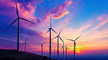 Obraz premium Silhouetted wind turbines at sunset, showcasing the clean energy concept under a colorful sky.