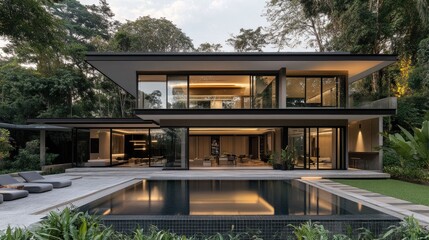 Fototapeta premium Sleek and modern villa house with a focus on indoor-outdoor living, ideal for architectural inspiration.