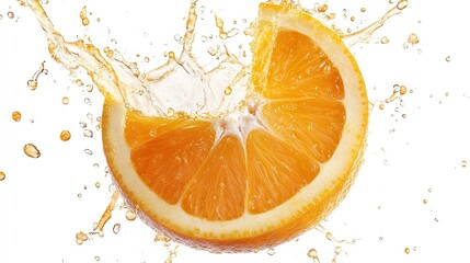 Sliced orange with a vibrant splash of juice, isolated on white, capturing the essence of freshness.