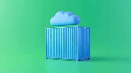 Cloud computing concept with a blue container and a cloud hovering above on a green background, representing data storage and technology.