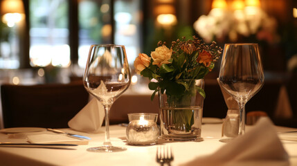 Fototapeta premium Fine dining in a chic restaurant, where the elegantly prepared dish takes center stage in the warm, cozy atmosphere.