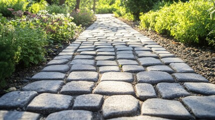 Stone paver blocks in a garden path, illustrating the natural and stylish look of the brick paving. -