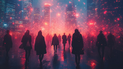 Fototapeta premium Silhouettes of a multitude of people walking among tall city houses, and communication electronic networks pervading the space