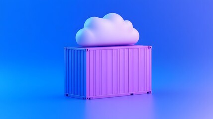 Cloud computing concept with a shipping container symbolizing data storage and a cloud above, in a blue and purple gradient background.