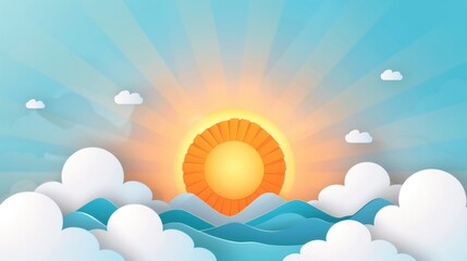 Fototapeta premium Blue sky with sun and clouds background, bright and sunny day. Sunbeams shining through the white clouds.