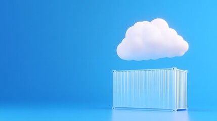 Cloud computing concept with a white cloud hovering above a shipping container on a blue background, symbolizing data storage and transfer.