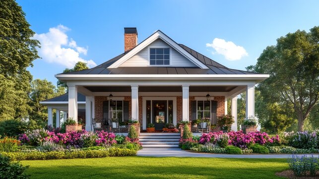 A traditional cottage style house with a charming front porch, adorned with beautiful flowers and green grass