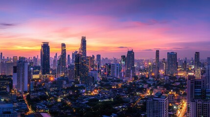 Fototapeta premium Sunset cityscape of Bangkok from a rooftop bar, highlighting the Lumpini area and its illuminated skyline.