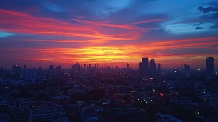 Fototapeta premium Sunset over Lumpini area from a rooftop bar in Bangkok, showcasing the vibrant cityscape and sky colors.