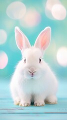 Fototapeta premium a white rabbit with pink ears on a blue background, looking at the camera. Easter concept. Web banner with empty space
