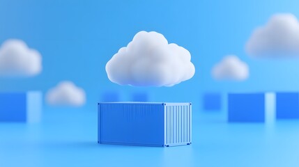 Cloud computing concept with floating cloud over a shipping container on a light blue background. Modern technology and digital storage symbol.