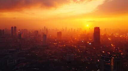 Sunset over the Bangkok cityscape from a rooftop bar in Lumpini area, with a golden sky and vibrant lights.