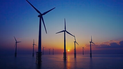 Obraz premium Sunset view of wind turbines at a power plant, symbolizing clean energy and eco-friendly power generation.
