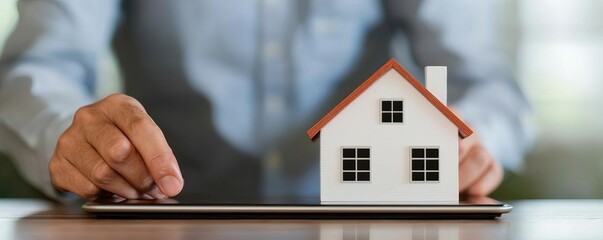 Homeowner selecting property insurance coverage on a tablet, property insurance, digital selection