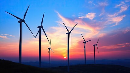 Fototapeta premium Turbines at a wind power plant during sunset, showcasing the transition to clean and renewable energy.