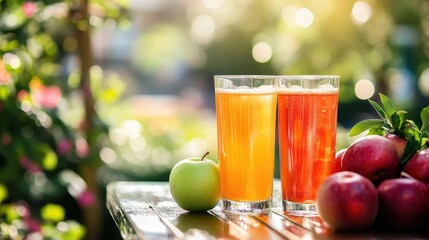 Fototapeta premium Two cocktail glasses with apple and multivitamin juices, surrounded by fresh ripe fruits, on a sunny outdoor table.