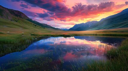 Fototapeta premium A box valley with a tranquil pond reflecting a colorful sunset