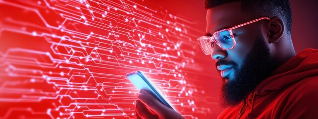 Future, Entrepreneur in a futuristic setting, using advanced smartphones, neon lighting