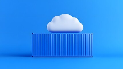 Obraz premium Cloud storage concept with a fluffy white cloud atop a blue shipping container on a solid blue background.
