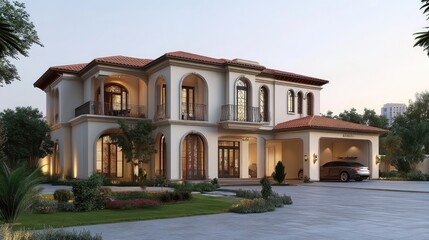 Villa house design featuring a blend of traditional and modern architecture, with detailed facade and spacious layout.