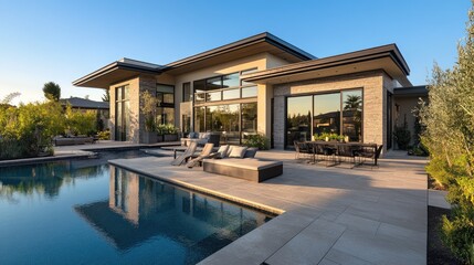 Fototapeta premium Villa with a stylish exterior and large outdoor living area, emphasizing modern architectural trends.
