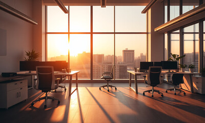 an empty office workspace bathed in the soft, warm glow of the evening light