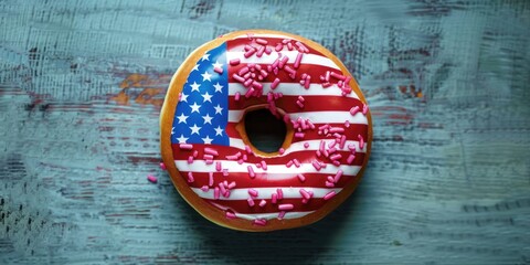 A colorful donut decorated with a flag and sprinkles, perfect for a patriotic or celebratory occasion