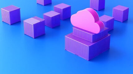 Fototapeta premium Colorful 3D illustration of cloud computing and data storage concept with cloud and cubical shapes on blue background.