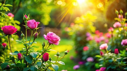 Rosebuds blooming in vibrant green garden on a sunny day, rosebuds, lush, greenery, summer, flowers, garden, sun, blooming