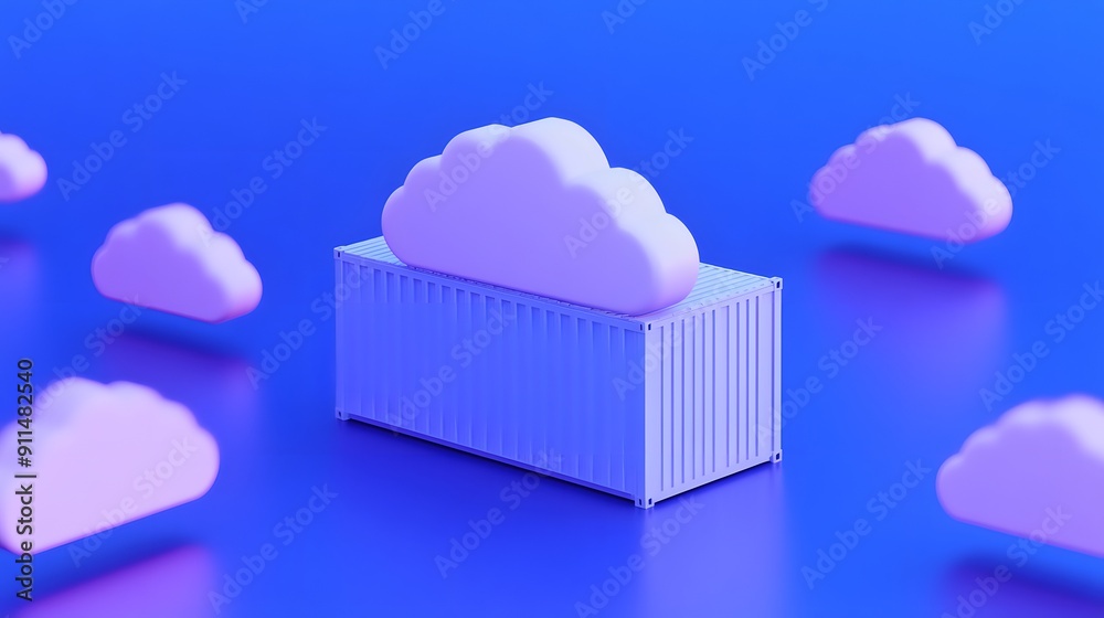Poster colorful abstract representation of cloud computing and container technology, featuring multiple clo