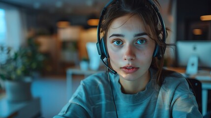 A customer service agent, wearing a headset, receiving a phone call with a concerned look in a minimalist, clean office space. The background shows simple furniture and a tidy environment,