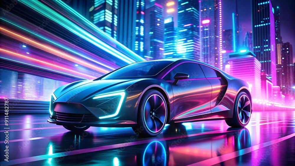 Wall mural neon city glide: a self-driving car navigates a futuristic urban landscape ai generated